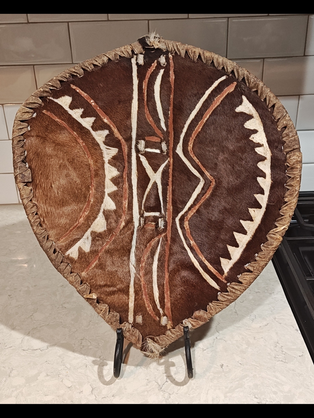 Vintage Masai Warrior Shield Handmade on animal hide with lion etching 18x15